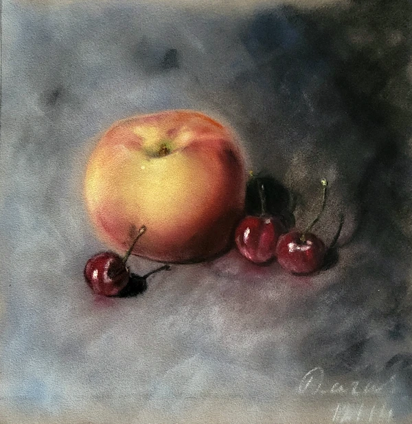 Pêche et cerises — pastel sec de Daras