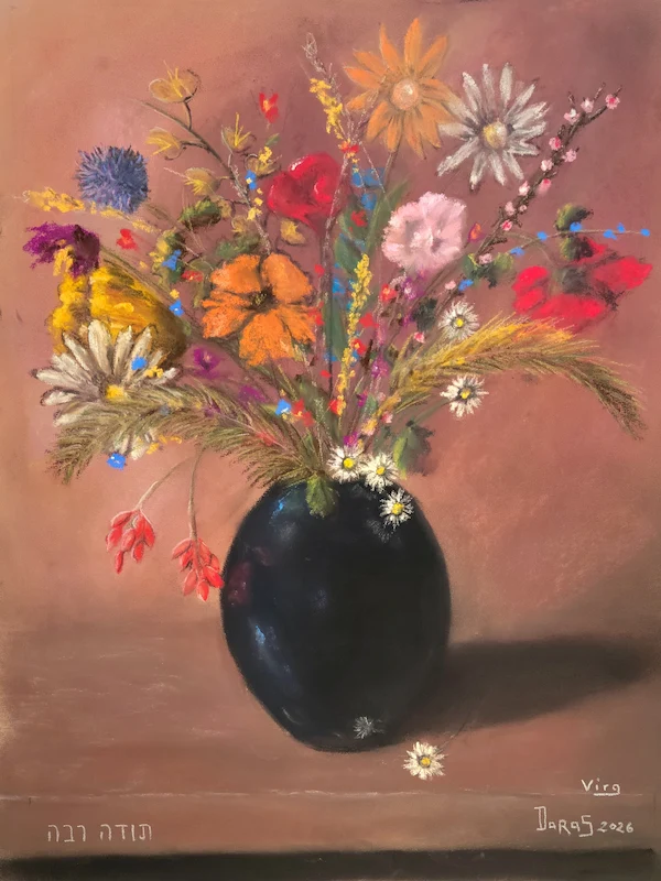 Fleurs dans un vase bleu — pastel sec de Daras et Virginie Gaubert